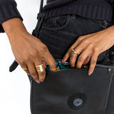 Thick Open Brass Ring on Model with Black Beaded Purse