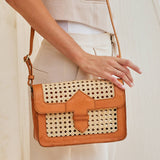 rattan cane weave crossbody with leather trim