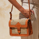 rattan cane weave crossbody with leather trim