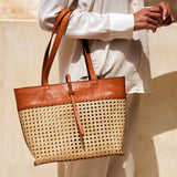 rattan cane weave tote bag with brown leather trim