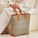 oversized rattan tote bag with brown leather trim