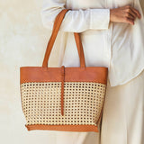 rattan cane weave tote bag with brown leather trim