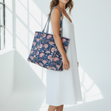 Quilted Cotton Bag - Blue Red Floral