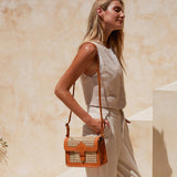 rattan cane weave crossbody with leather trim
