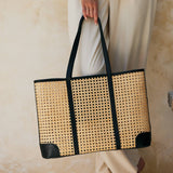 large rattan cane weave tote bag with black leather trim