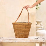 ata vine open weave bucket tote bag with batik print lining