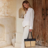 rattan cane weave tote bag with leather trim