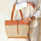 rattan cane weave tote bag with brown leather trim