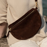 chocolate suede sling bag (various sizes)