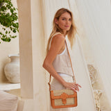 rattan cane weave crossbody with leather trim