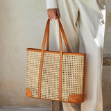 large rattan cane weave tote bag with leather trim