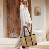 large rattan cane weave tote bag with black leather trim