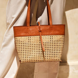 rattan cane weave tote bag with brown leather trim