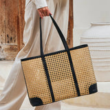 large rattan cane weave tote bag with black leather trim