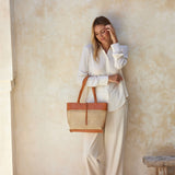 rattan cane weave tote bag with brown leather trim