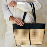 rattan cane weave tote bag with leather trim