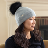new cashmere blend cuff hat w/ faux fur pompom