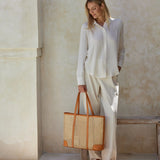 large rattan cane weave tote bag with leather trim