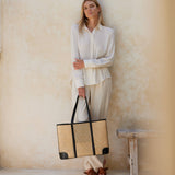 large rattan cane weave tote bag with black leather trim