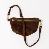 chocolate suede sling bag (various sizes)