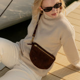 chocolate suede sling bag (various sizes)