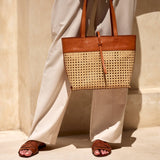 rattan cane weave tote bag with brown leather trim
