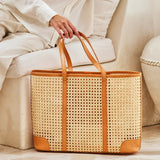 large rattan cane weave tote bag with leather trim