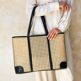 large rattan cane weave tote bag with black leather trim