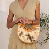 Brown Leather Square Cane Weave Rattan Handbag