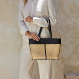 rattan cane weave tote bag with leather trim
