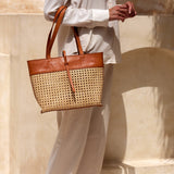 rattan cane weave tote bag with brown leather trim