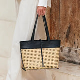 rattan cane weave tote bag with leather trim