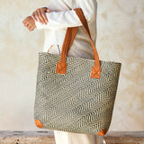 oversized rattan tote bag with brown leather trim