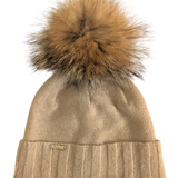new cashmere blend cuff hat w/ faux fur pompom