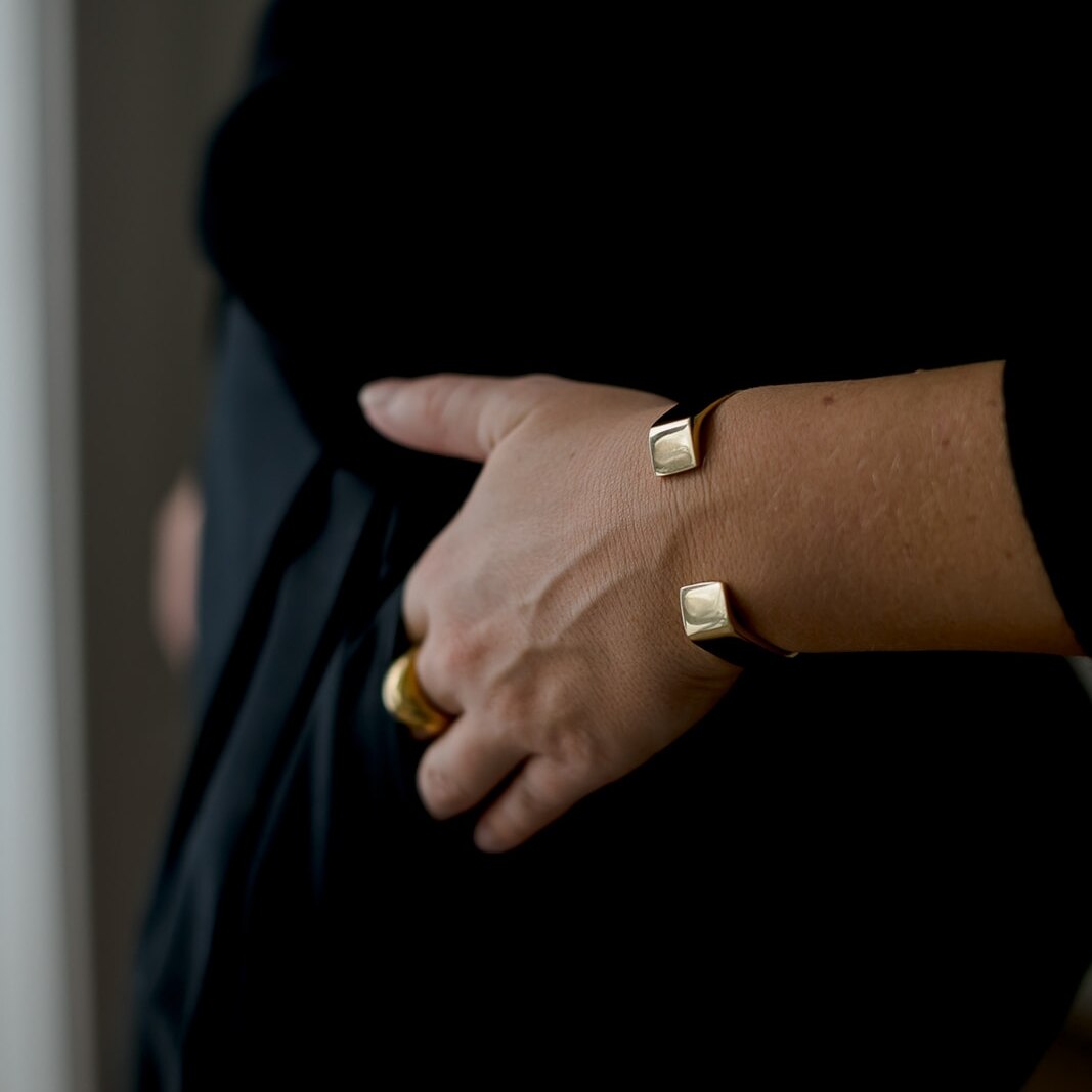 shiny brass hexagon cuff bracelet flipped open side