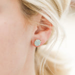 amazonite gold prong post stud earrings on blonde model