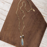 blue calcite necklace on gold paperclip chain