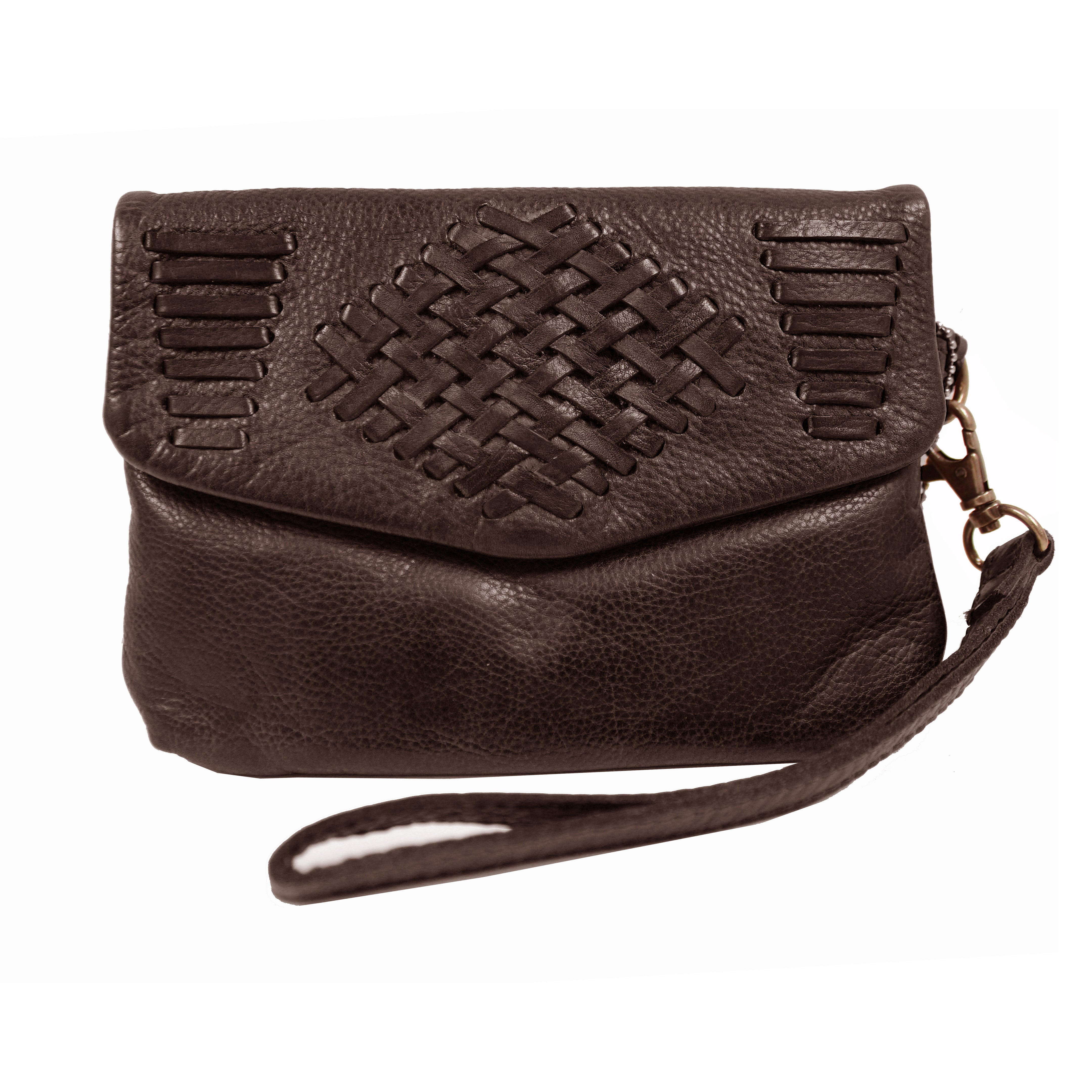 chocolate brown woven leather small clutch bag with wrist strap