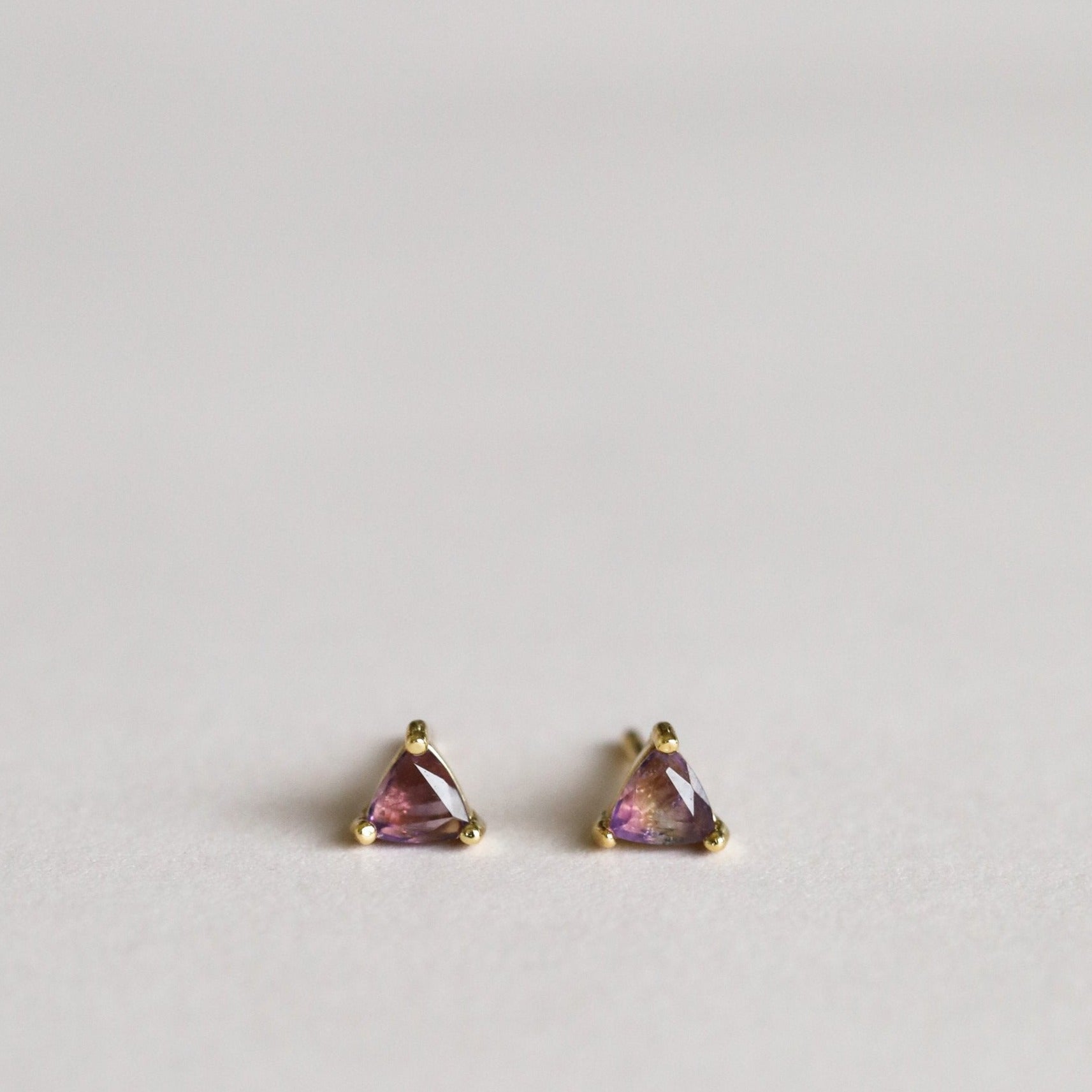 purple amethyst triangle and gold post stud earrings