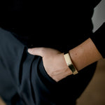 shiny brass hexagon cuff bracelet on model wrist