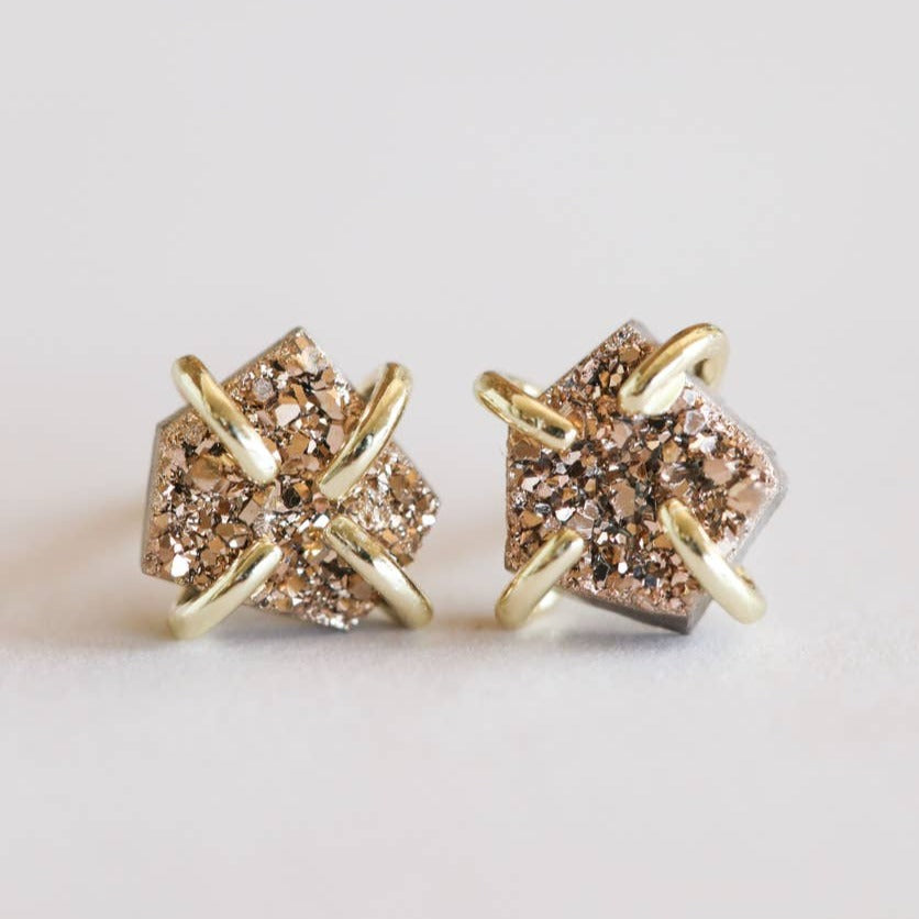 rose gold hexagon druzy and gold vermeil post stud earrings