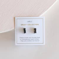 black druzy bar stud and gold vermeil earrings on white display card