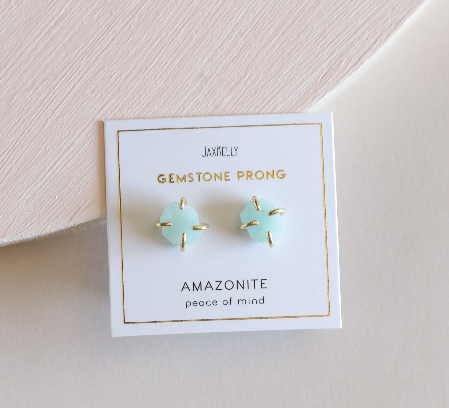 amazonite gold prong post stud earrings on white peace of mind card