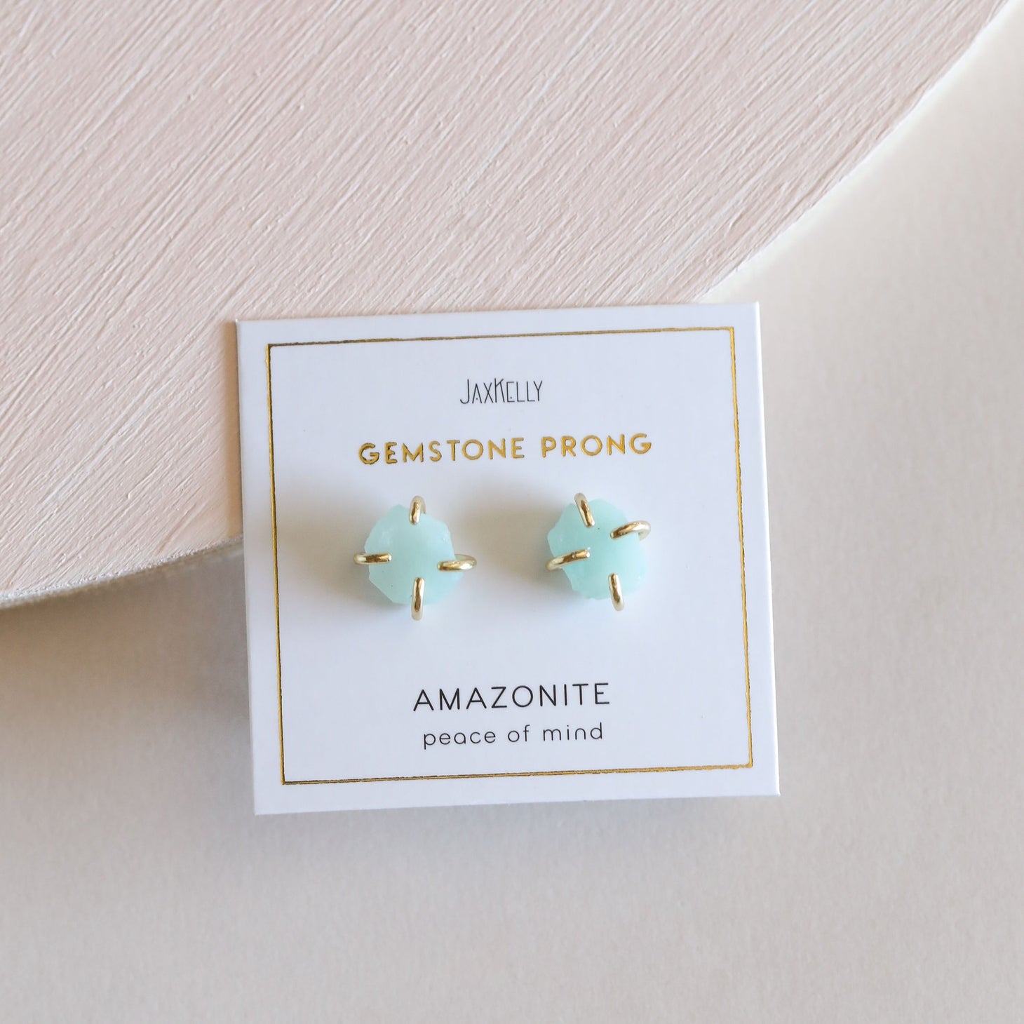amazonite gold prong post stud earrings on white peace of mind card